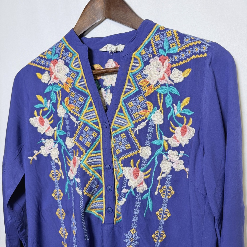 Luna Moon Womens Embroidered Tunic Top Blue/Purple Boho Floral Rayon Small